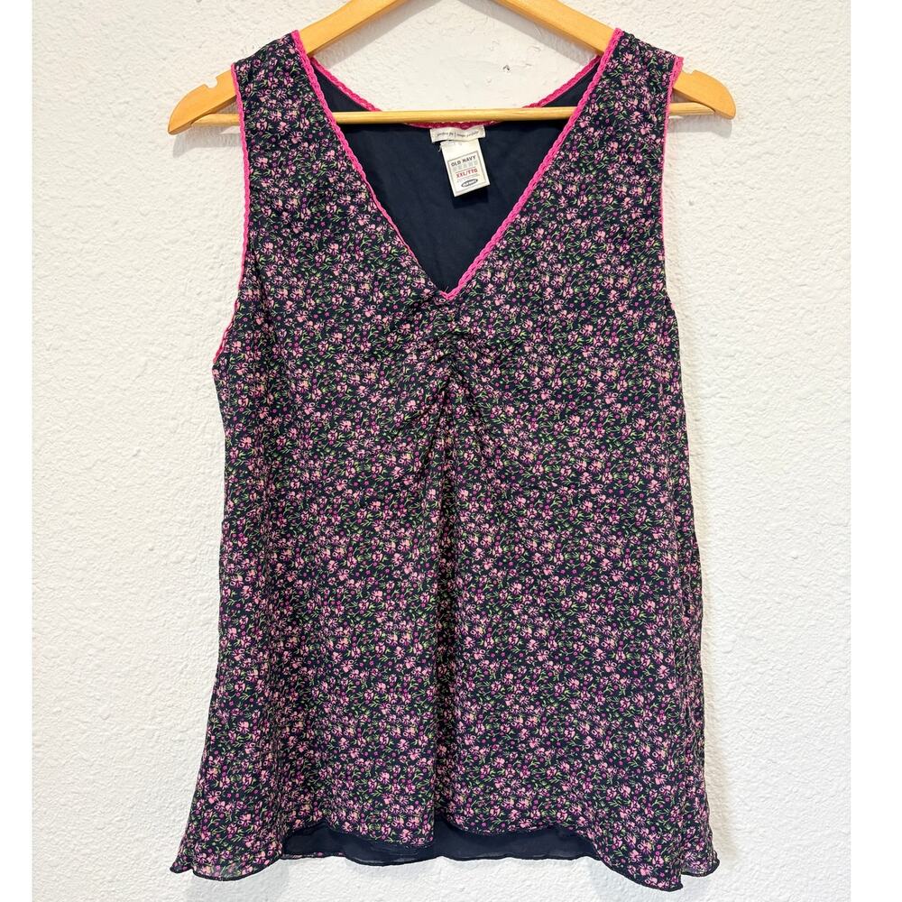 Vintage Y2K Old Navy Floral Tank Top Blouse Micro Mesh Cottage Fairy Twee